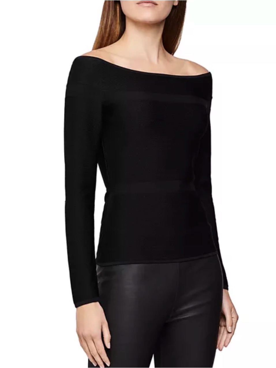 Reiss Black Marissa Textured Off-The-Shoulder Top Long Sleeve Sweater Minimalist